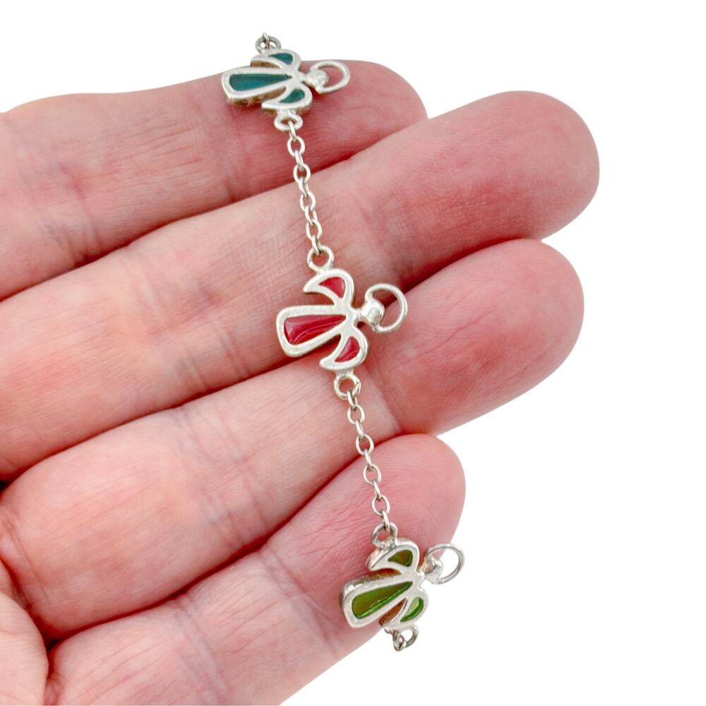 Vintage Sterling Silver 925 Colored Glass Angel Bracelet 6.25-6.75"